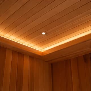 Cedar sauna ceiling and lighting detail