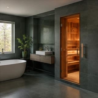 Modern residential bathroom with adjacent sauna design example