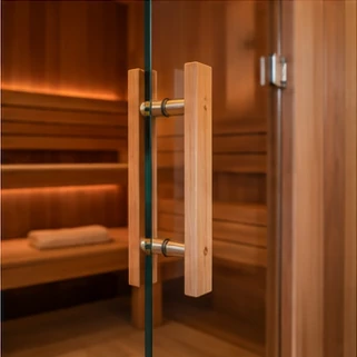 Glass sauna door and cedar trim detail